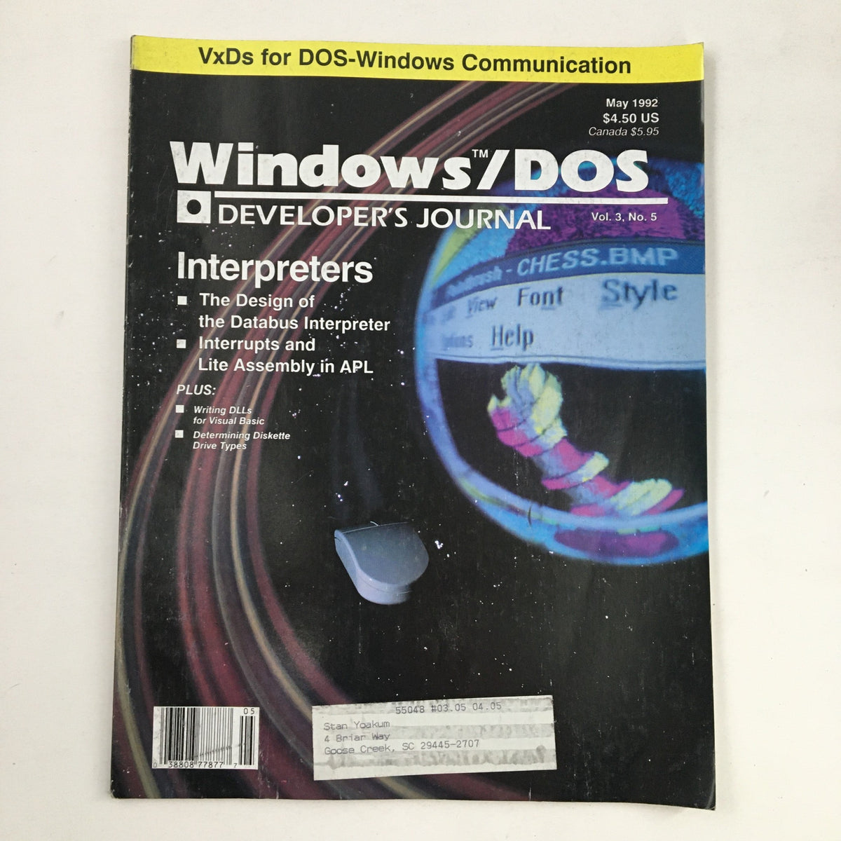 Cover of Windows/DOS Developer's Journal May 1992 featuring the topic 'The Designs of Databus Interpreter'. The magazine includes sections on interpreters, writing DLLs for Visual Basic, and determining diskette drive types.
