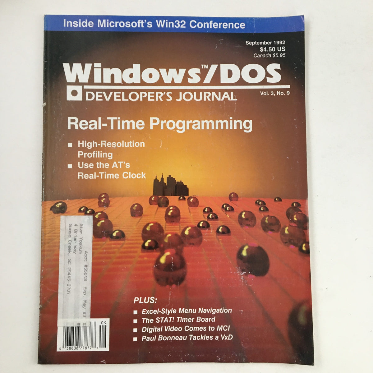 Cover of Windows/DOS Developer's Journal September 1992, featuring 'Real-Time Programming', including topics on high-resolution profiling and real-time clocks. Paul Bonneau tackles a VxD.