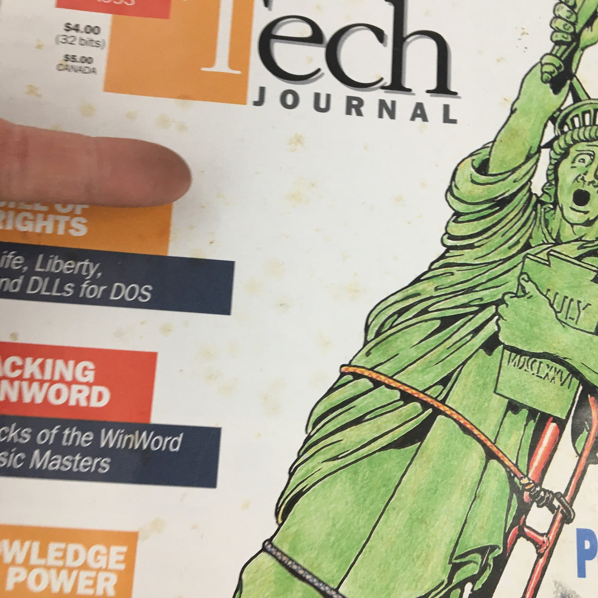 Cover of Windows Tech Journal November 1993 featuring the title 'Explode Windows Programming Myths'. The cover highlights topics like 'Bill of Rights', 'Tracking WinWord', and 'Knowledge Power' along with a stylized illustration of the Statue of Liberty holding a book.