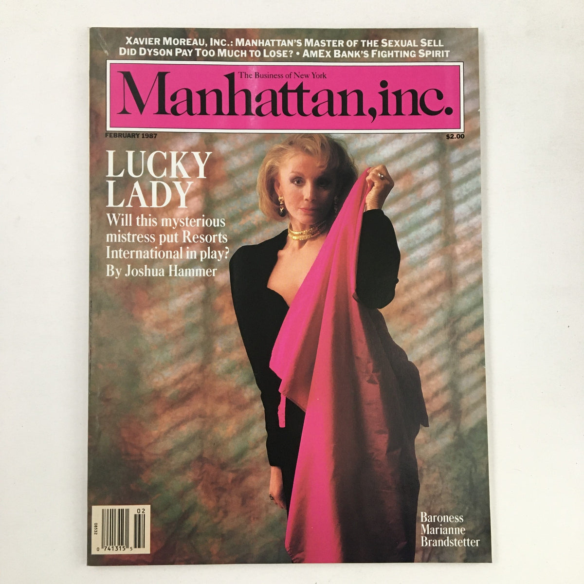 Cover of Manhattan Inc. Magazine February 1987 featuring Baroness Marianne Brandstetter, highlighting the article 'Lucky Lady' with a focus on Resorts International.