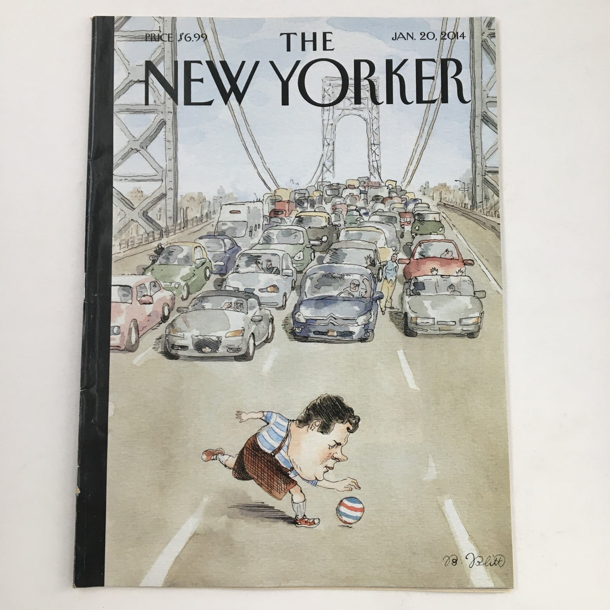 The New Yorker January 20 2014 Full Magazine Cover by Barry Blitt featuring a cartoon illustration of a child playing with a soccer ball amidst heavy traffic on a bridge.