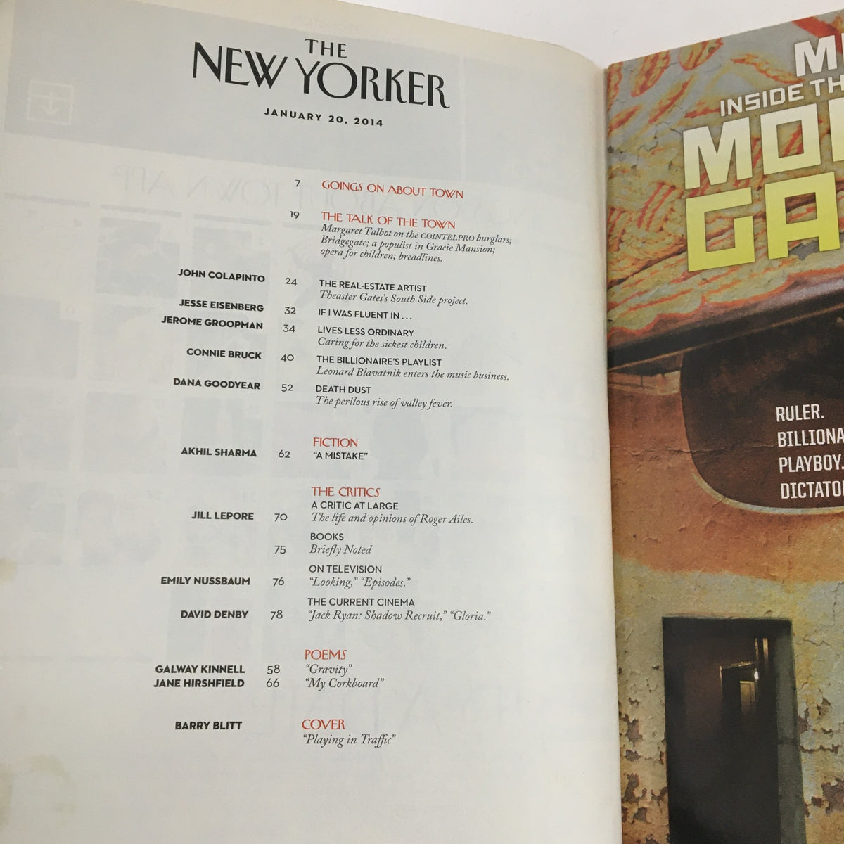 The New Yorker January 20 2014 Table of Contents page showcasing featured articles including 'The Talk of the Town' and contributions by Barry Blitt.