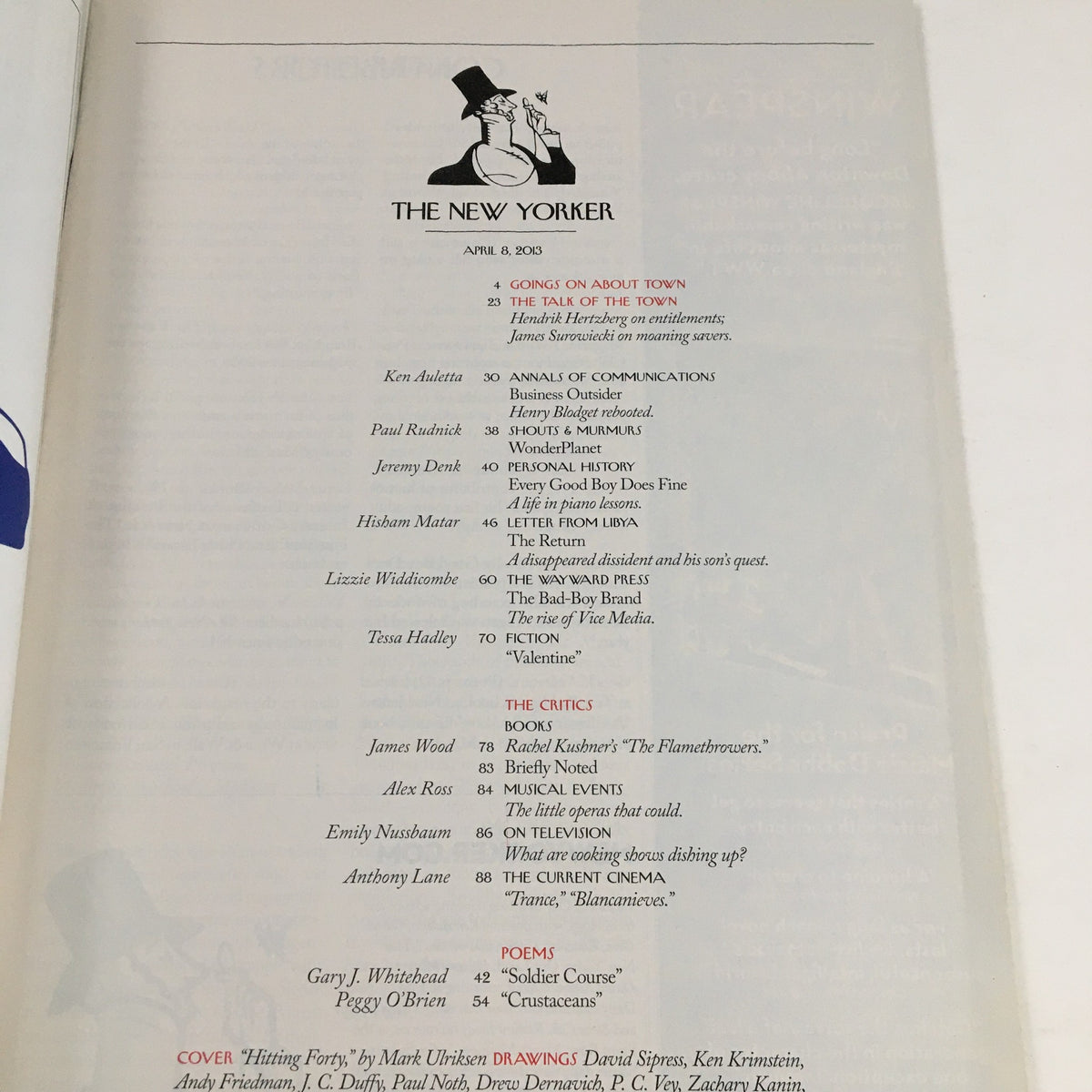 Interior page of The New Yorker April 8, 2013 issue showcasing the contents, with articles and illustrations reflecting the cultural zeitgeist of the year.