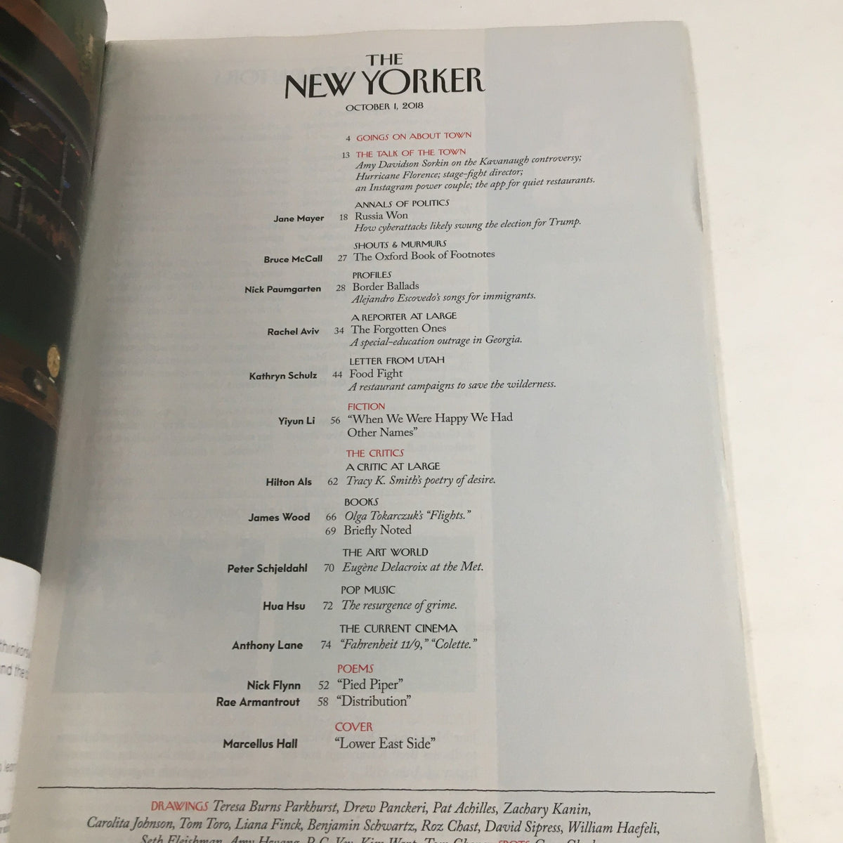 The New Yorker October 1 2018 Table of Contents showcasing articles and contributors for this vintage magazine issue.