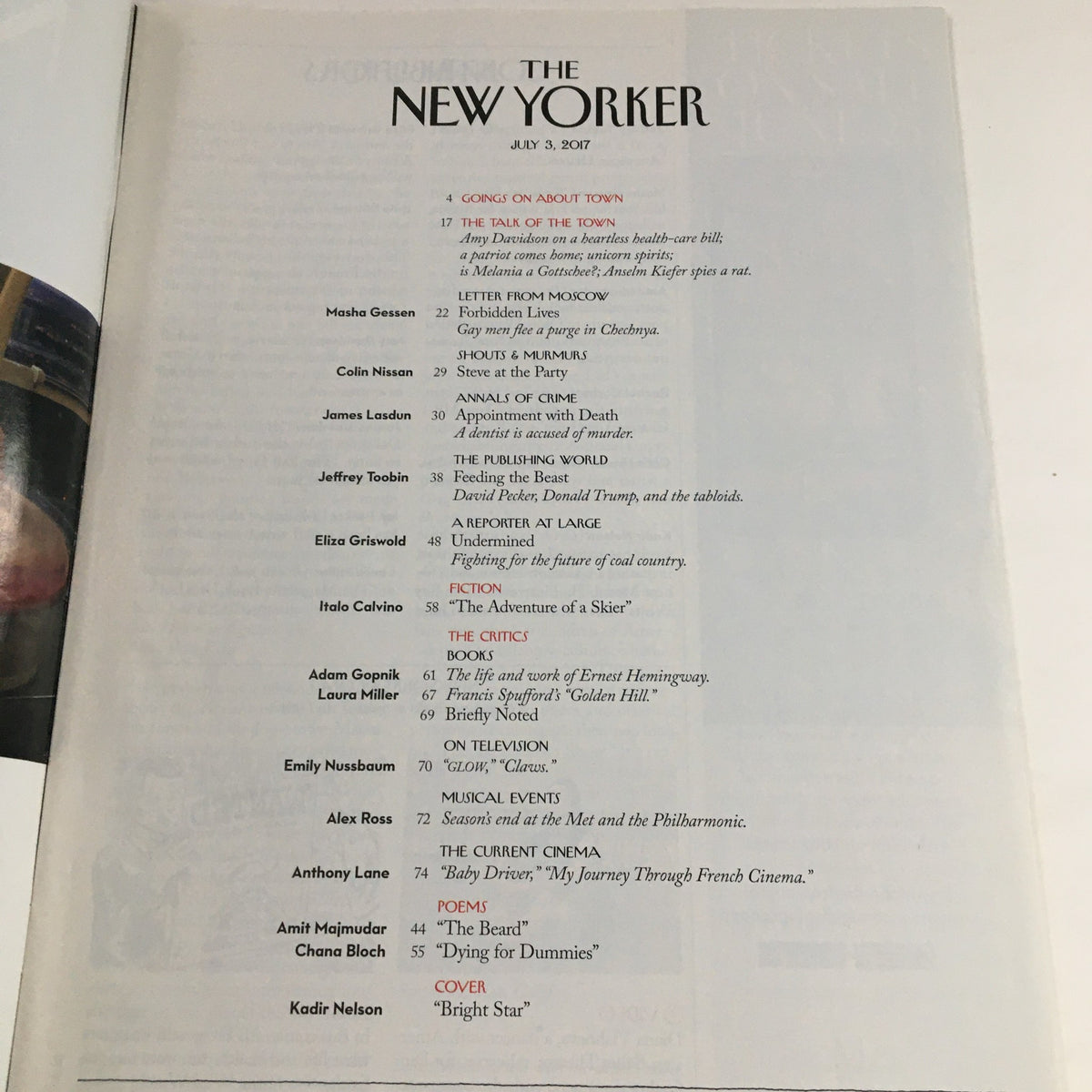 Table of contents page from The New Yorker July 3 2017 issue, showcasing articles and contributors including Kadir Nelson.