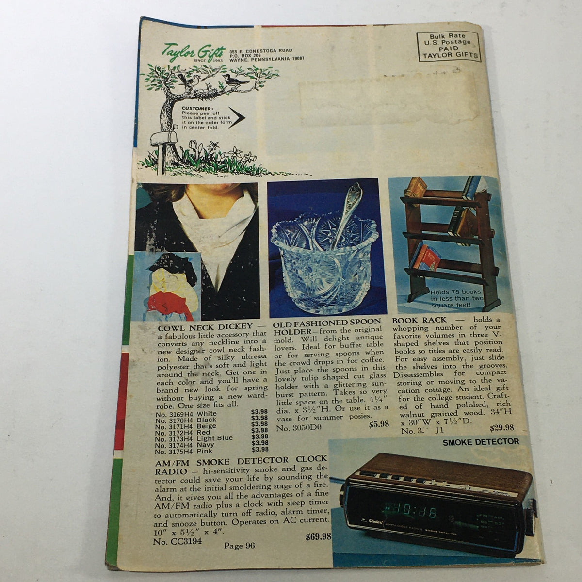 Back cover of VTG Taylor Gifts Catalog Since 1953: Spring 1978 featuring various gift ideas like a smoke detector and book rack.