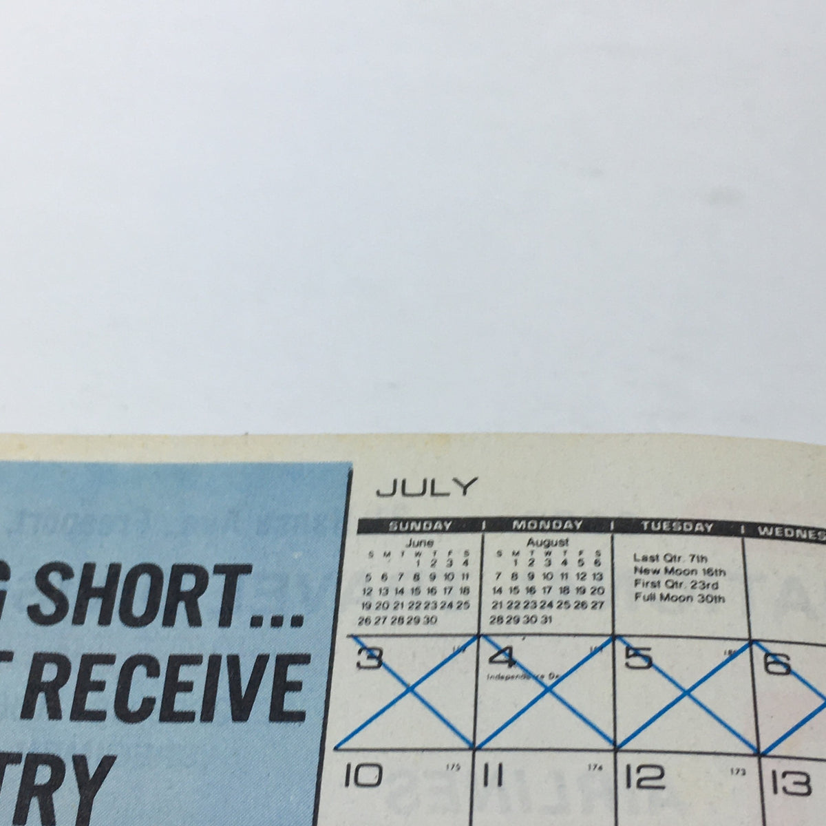 Detailed view of July 1977 calendar highlights from the VTG 1977 Jay Norris Corporation Travel Division Price Guide Calendar Catalog.