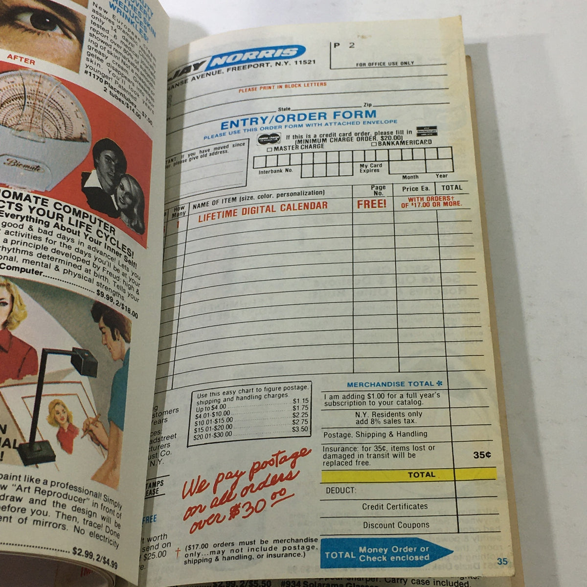 Inside page of the VTG 1977 Jay Norris Corporation Travel Division Price Guide Calendar Catalog displaying an entry/order form with pricing details and promotional offers.