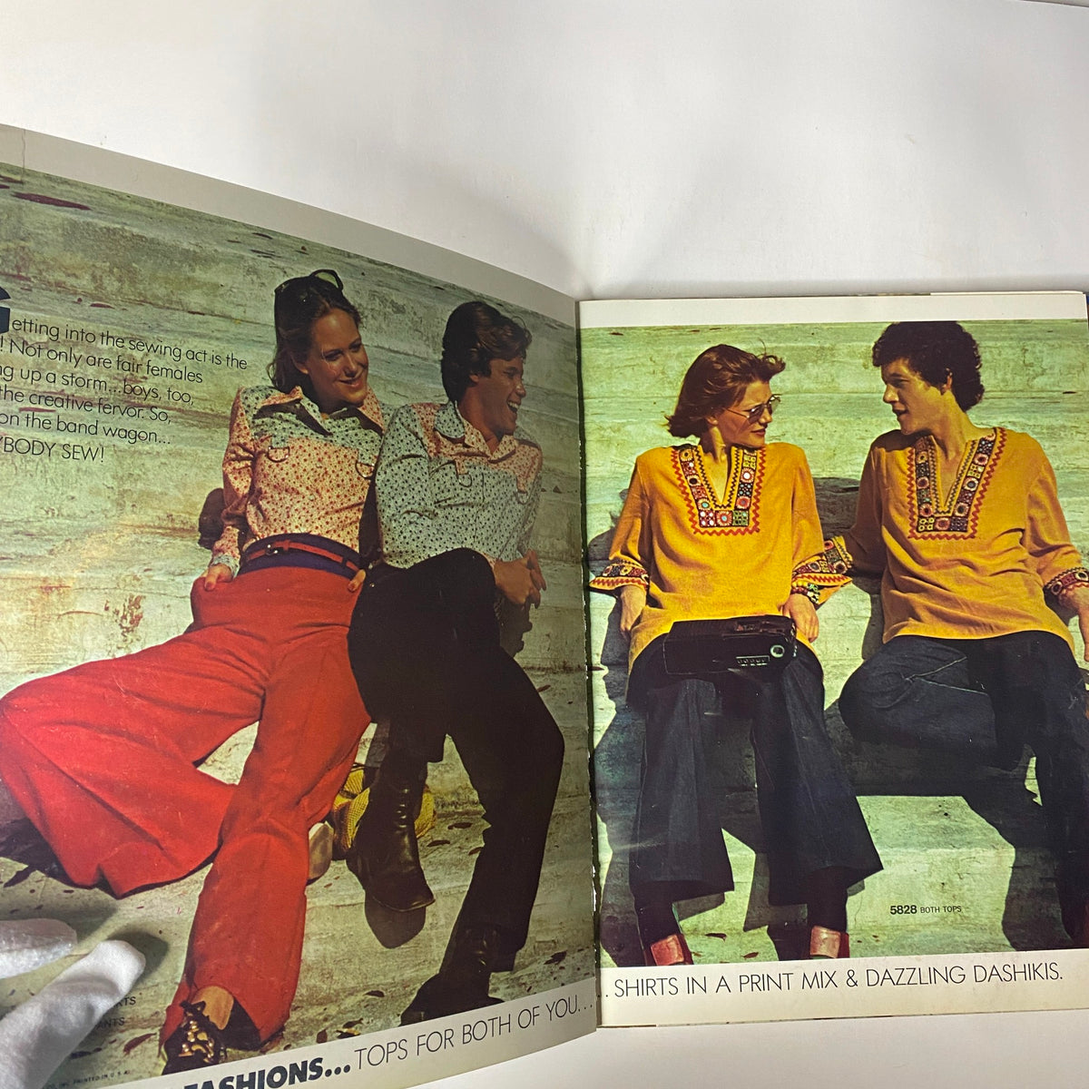 Interior of the 1973 Simplicity Fall and Winter School Catalog showing stylish shirts and fashion trends from the era.