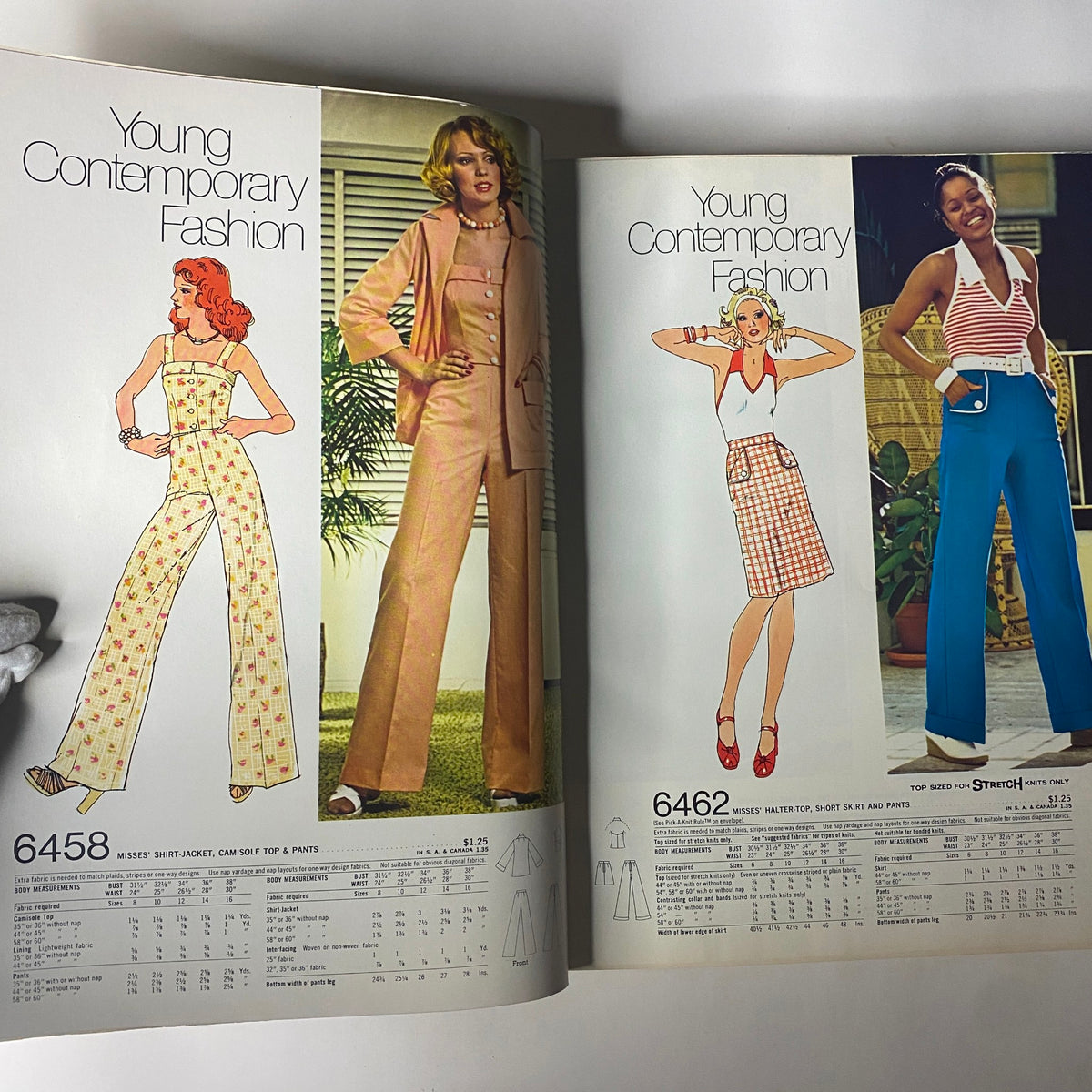 Two pages from the 1974 July Simplicity Summer Catalog illustrating young contemporary fashion patterns with stylish outfits.