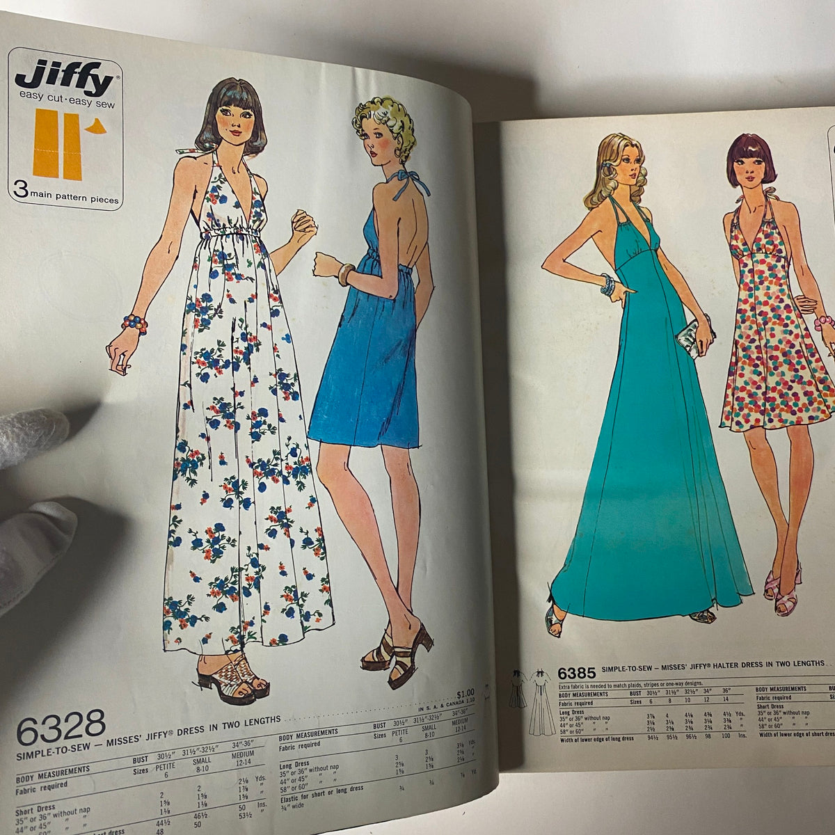 Fashion illustrations from the 1974 June Simplicity Catalog displaying women in Jiffy dresses, characterizing easy-to-sew summer styles with floral prints and various cuts. Featured in the original 1974 June Simplicity Catalog.