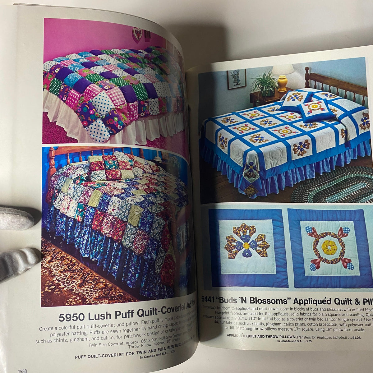1974 June Simplicity Catalog presents colorful quilt coverlets and pillows, showcasing vibrant designs for home decor.