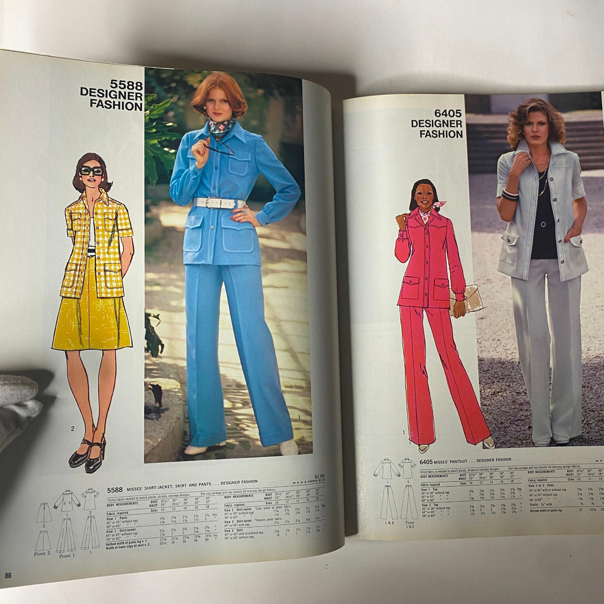Showcasing designer fashion looks with jackets and matching outfits from the 1975 Simplicity Special Catalog, celebrating vintage styles.