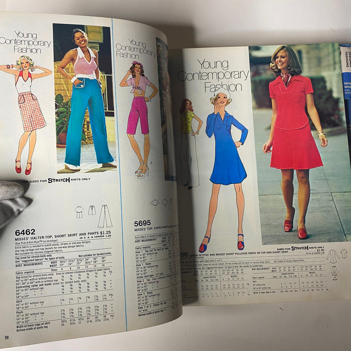 1975 August Simplicity Catalog illustration of Young Contemporary Fashion, highlighting sewing patterns for Misses' garments including halter tops and capri pants.