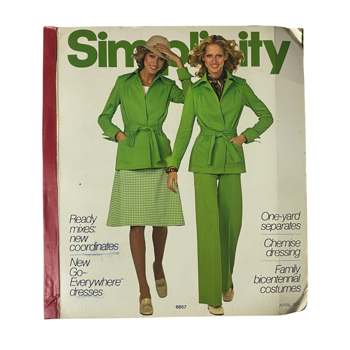 Cover of the 1975 April Simplicity Catalog featuring vibrant green women's clothing including a jacket and skirt, showcasing stylish sewing patterns for contemporary fashion.