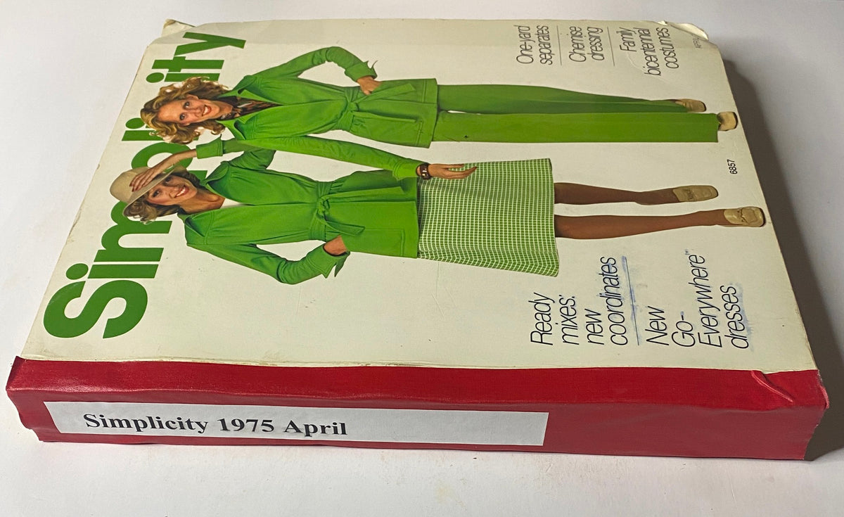 Side view of the 1975 April Simplicity Catalog highlighting a stylish green outfit, emphasizing easy sewing patterns for mix-and-match versatility.