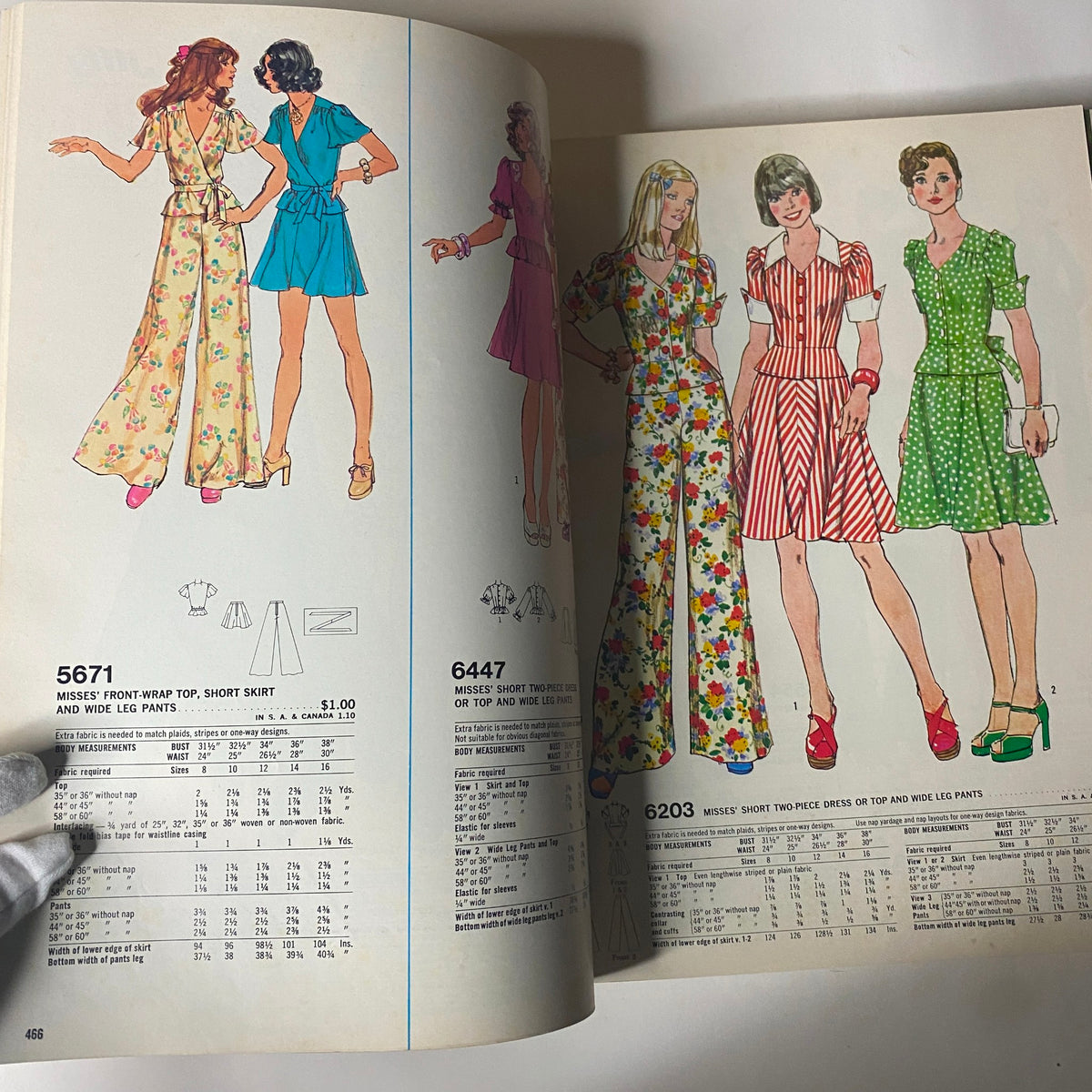 Colorful fashion designs from the 1975 April Simplicity Catalog showcasing a variety of two-piece outfits and dresses in retro styles, suitable for the 1970s inspired wardrobe.