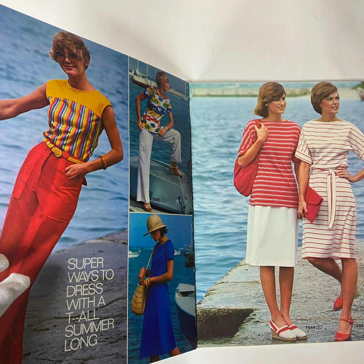 Inside spread of the 1976 Simplicity Sportswear Catalog featuring various vibrant summer fashion looks including colorful outfits and accessories for women, perfect for vintage sewing enthusiasts.