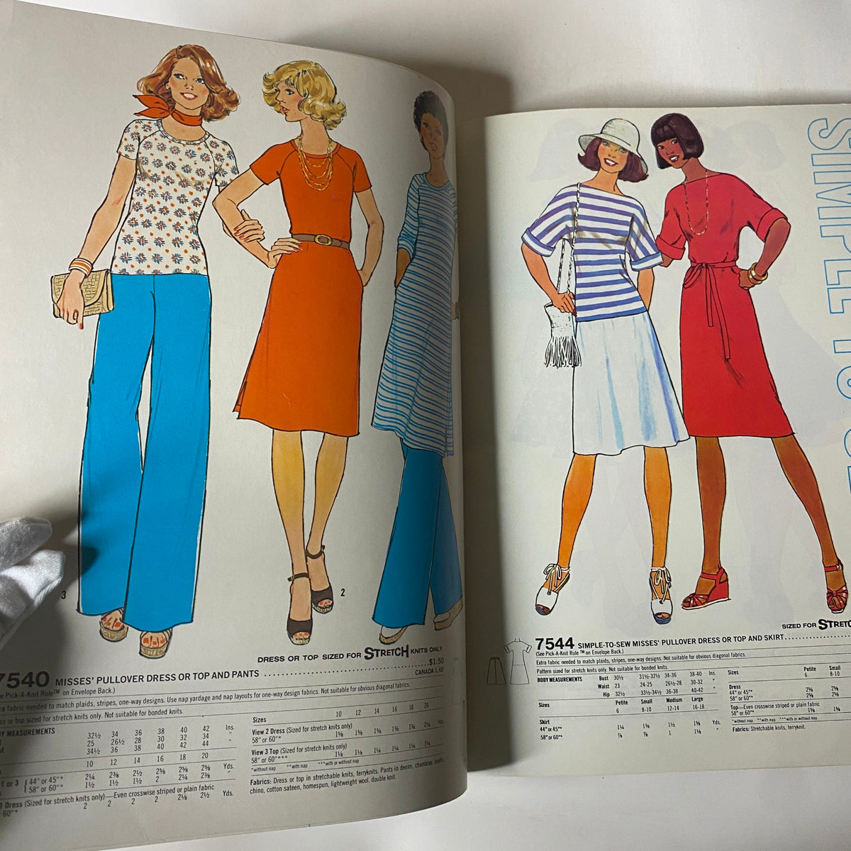 Illustration and photographs from the 1976 Simplicity Sportswear Catalog presenting various dress patterns and contemporary fashion styles reflecting 1970s trends.