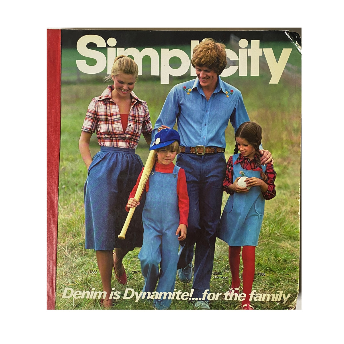 Cover of the 1976 March Simplicity Catalog featuring a family in denim outfits, showcasing the title 'Denim is Dynamite!... for the family'.