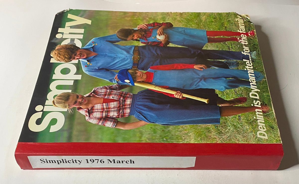 Side view of the 1976 March Simplicity Catalog, displaying the title and a family dressed in coordinated denim clothing.