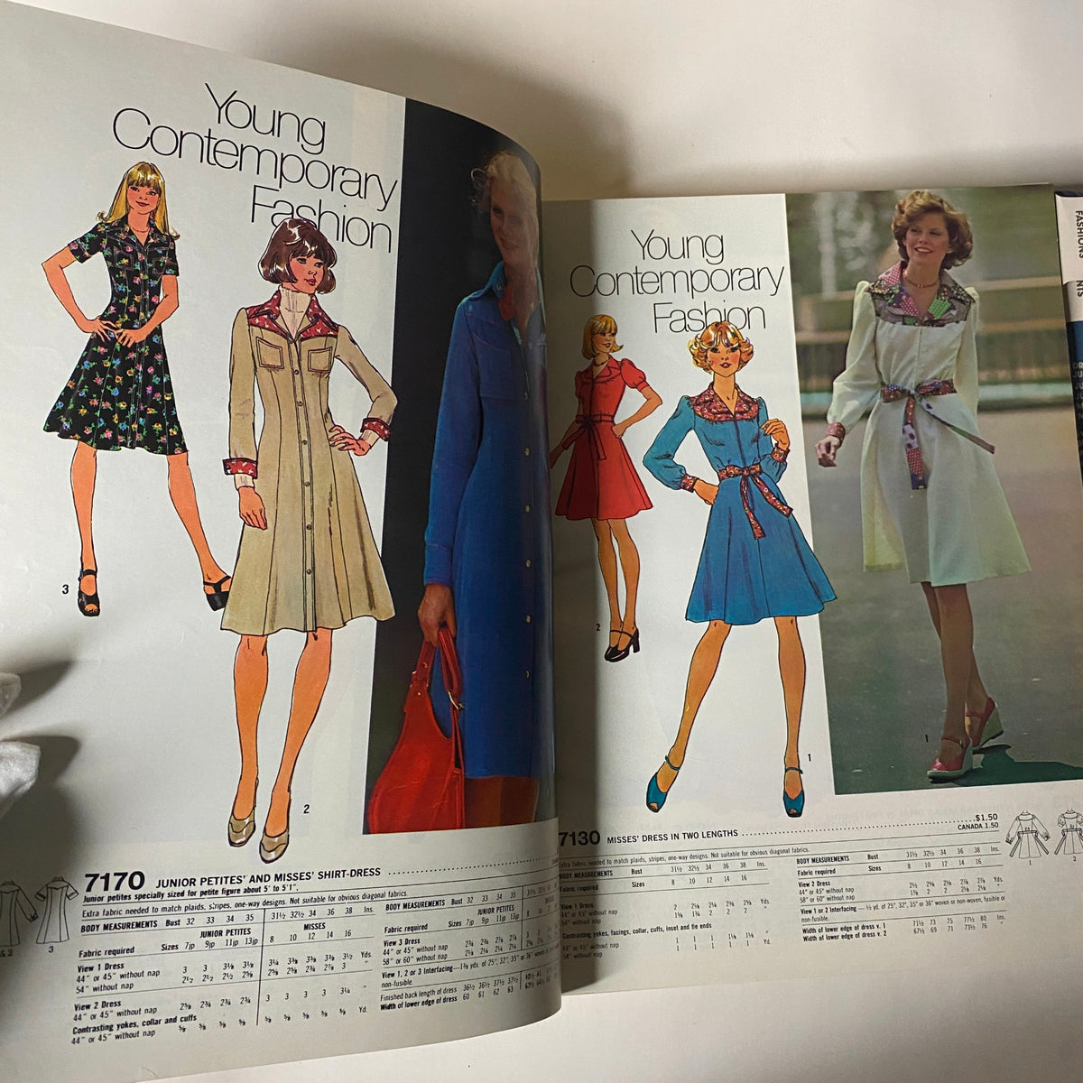 1976 March Simplicity Catalog displaying illustrations of dresses and outfits labeled as Young Contemporary Fashion, capturing the essence of 1970s design.