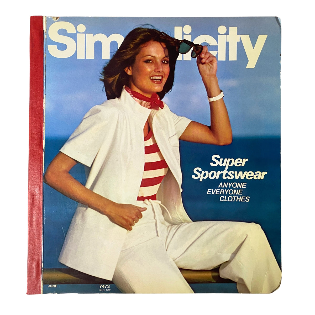 Cover of the 1976 June Simplicity Catalog showcasing 'Super Sportswear' with a model wearing a stylish white outfit and red striped top against a blue background.
