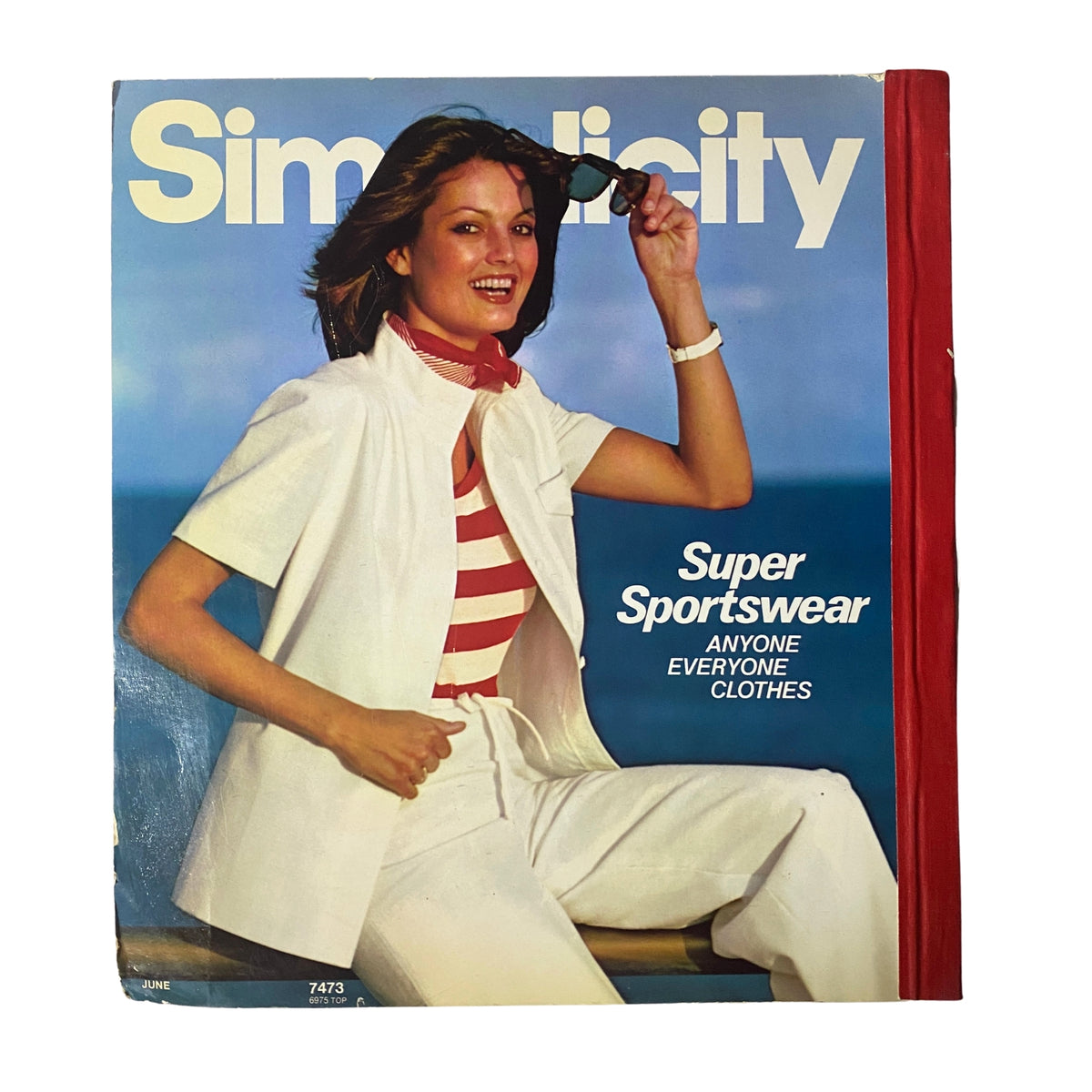 1976 June Simplicity Catalog cover displaying a model in a trendy white outfit with red and white accents, promoting the 'Super Sportswear' collection.