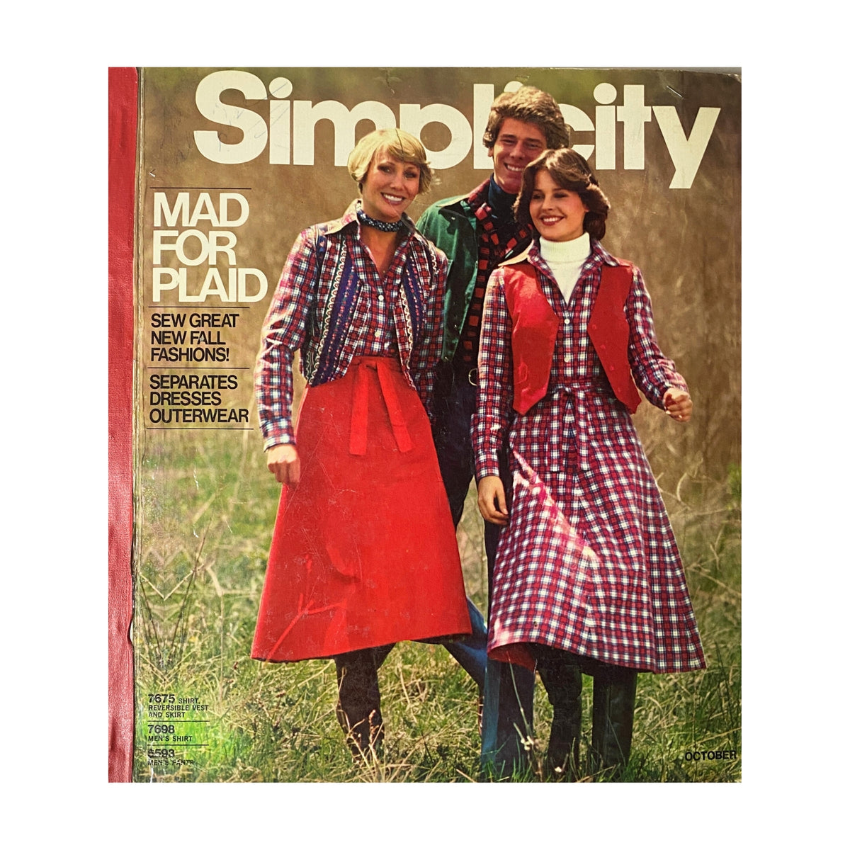 1976 October Simplicity Sewing Pattern Catalog cover featuring models showcasing plaid fashion with text 'Mad for Plaid' and promotion of autumn styles.