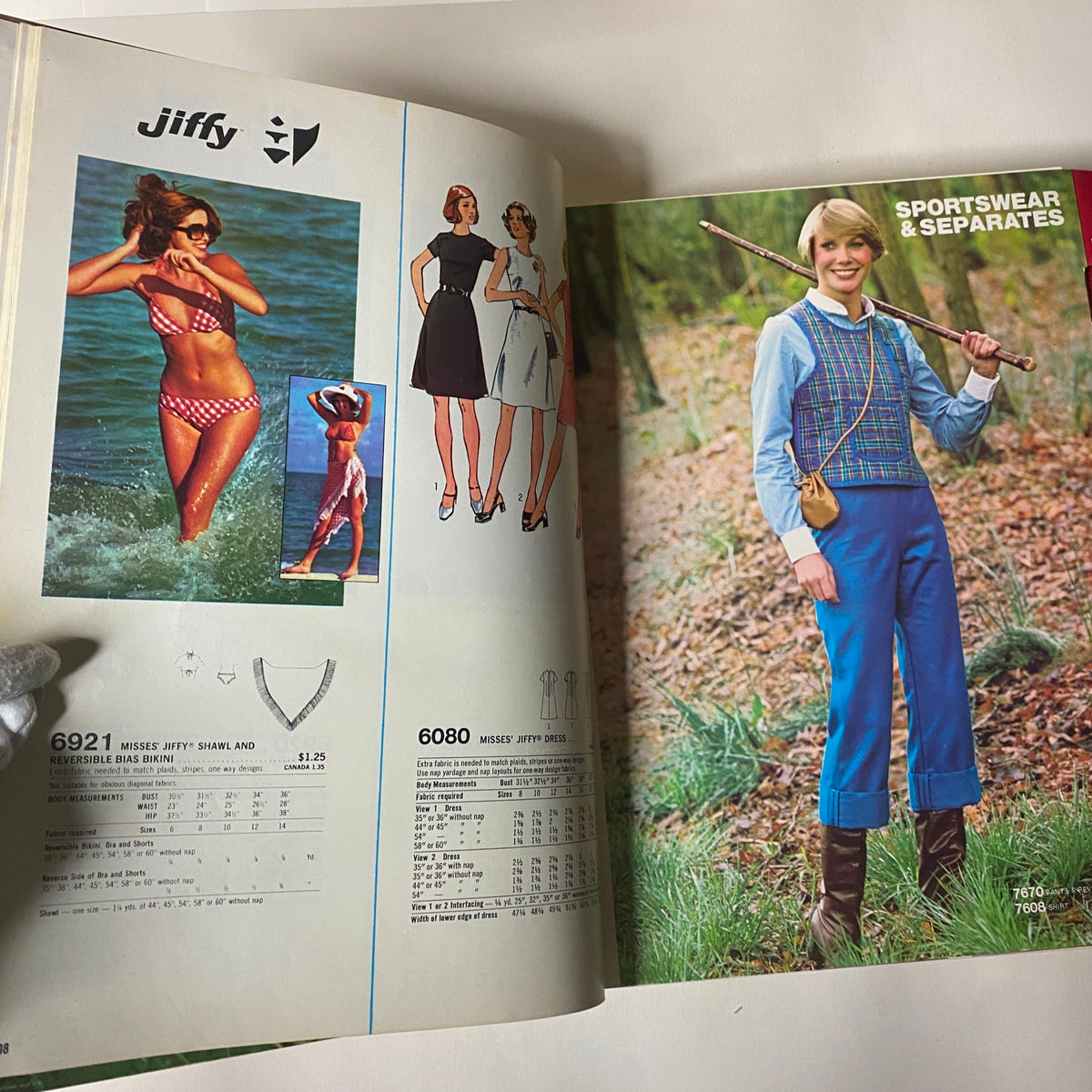 Inside pages of the 1976 October Simplicity Sewing Pattern Catalog featuring Jiffy patterns for swimwear and dresses, showcasing vintage 1970s fashion looks.