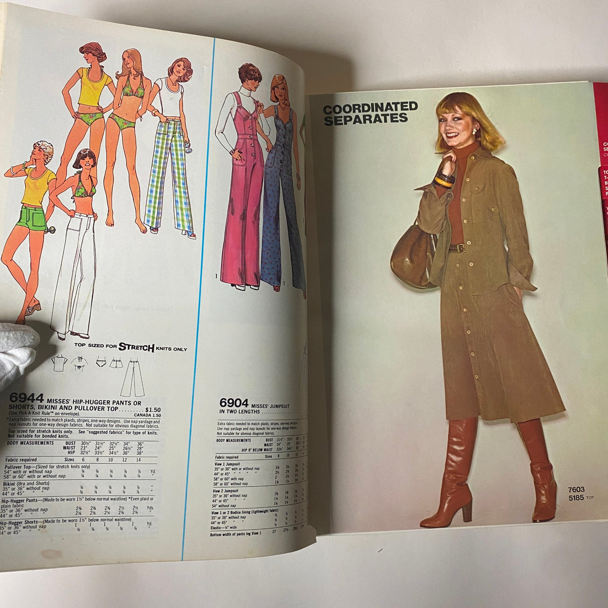 Interior view of the 1976 October Simplicity Sewing Pattern Catalog, highlighting coordinated separates and stylish outfits from the 1970s era.