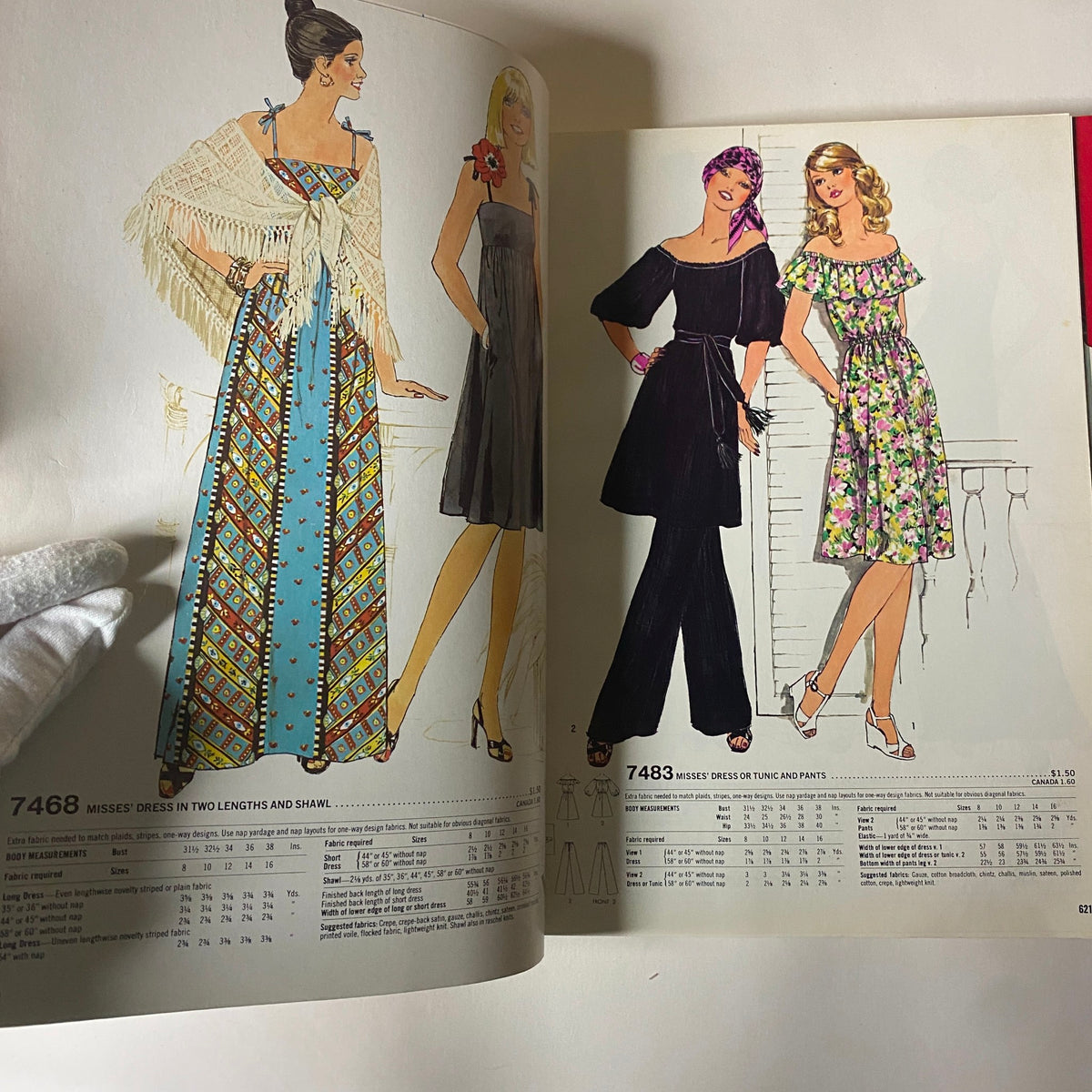Illustrations from the 1976 October Simplicity Sewing Pattern Catalog featuring stylish dresses and shawls, reflecting the fashion trends of the 1970s.