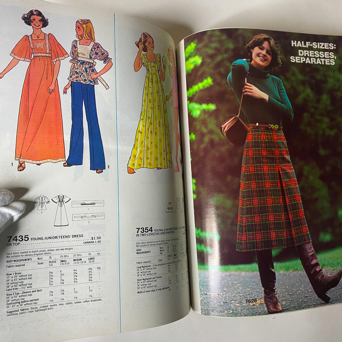 1976 October Simplicity Sewing Pattern Catalog featuring half-size dresses and separates, including vintage-inspired patterns with detailed illustrations and measurements.