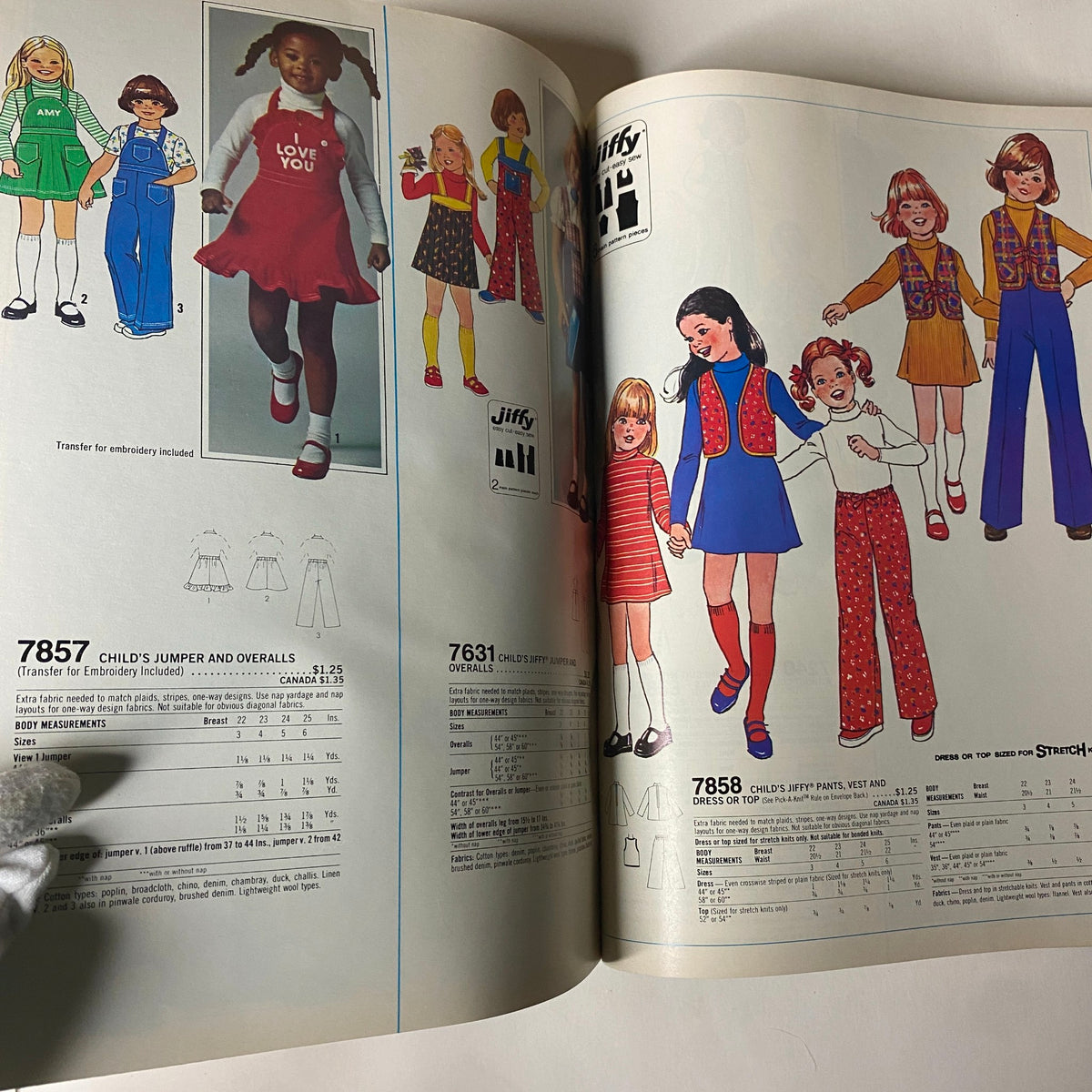 1977 April Simplicity Sewing Pattern Catalog showing vibrant children's clothing patterns including jumpers, overalls, and trendy outfits for kids, reflecting the fun fashion styles of the 1970s.