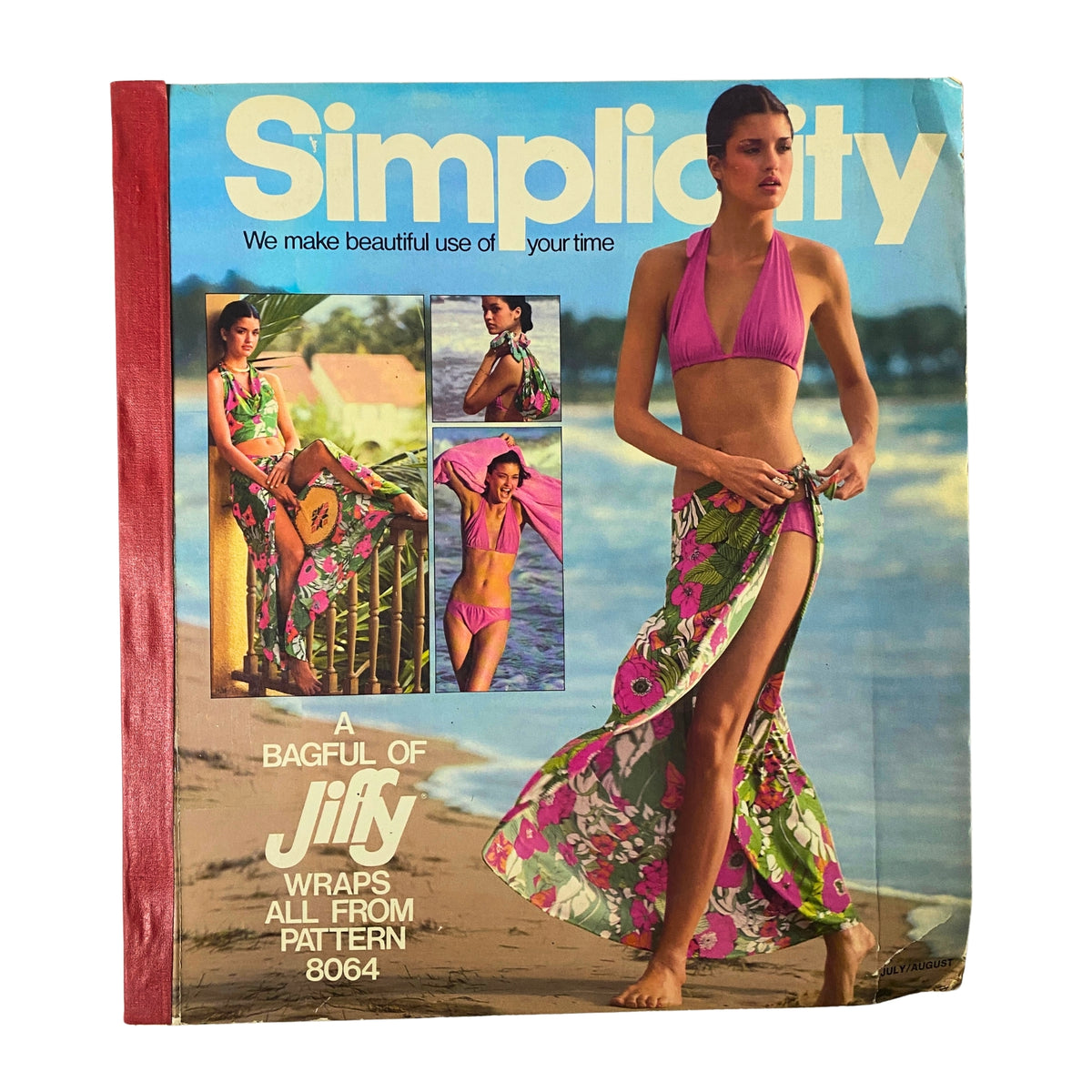 Vintage July Simplicity Sewing Pattern Catalog Store Counter Book - Full Color showcases the cover featuring vibrant summer fashion styles from the 1970s, including a model in a bikini and sarong, and multiple outfit designs on display.