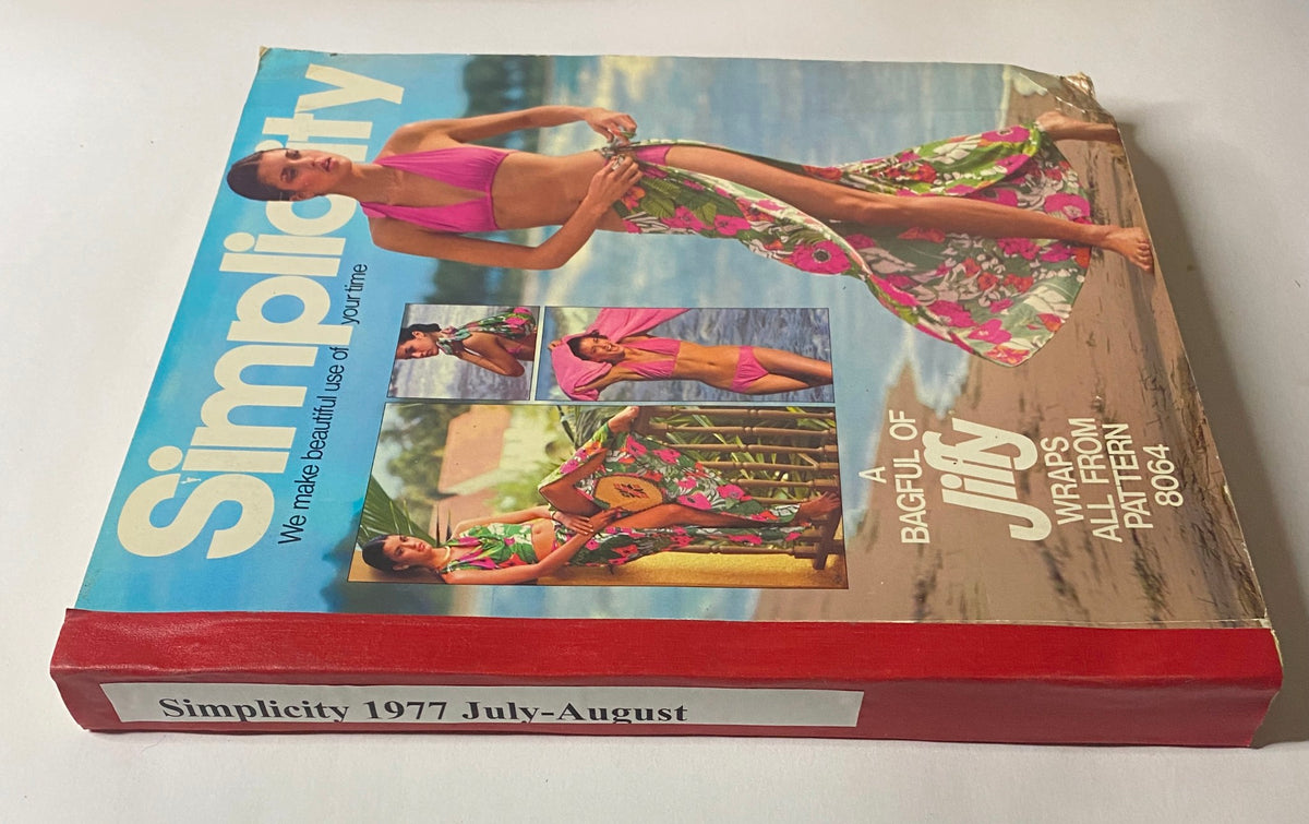 Vintage July Simplicity Sewing Pattern Catalog Store Counter Book - Full Color highlights the colorful cover with models showcasing stylish 1970s beachwear and accessories, emphasizing quick-to-sew patterns for summertime.