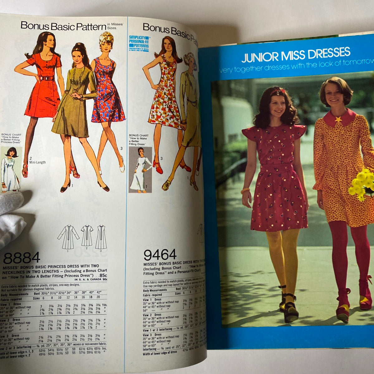 1970s May Simplicity Sewing Pattern Catalog showcasing Bonus Basic Patterns for Misses with stylish designs, including dresses and skirts.
