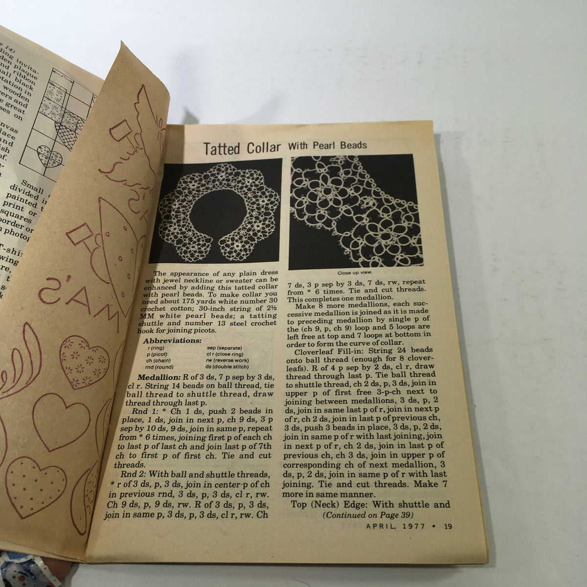 Page from the VTG The Workbasket & Home Arts Magazine April 1977 displaying directions for creating a Tatted Collar with Pearl Beads, including design illustrations and instructions.