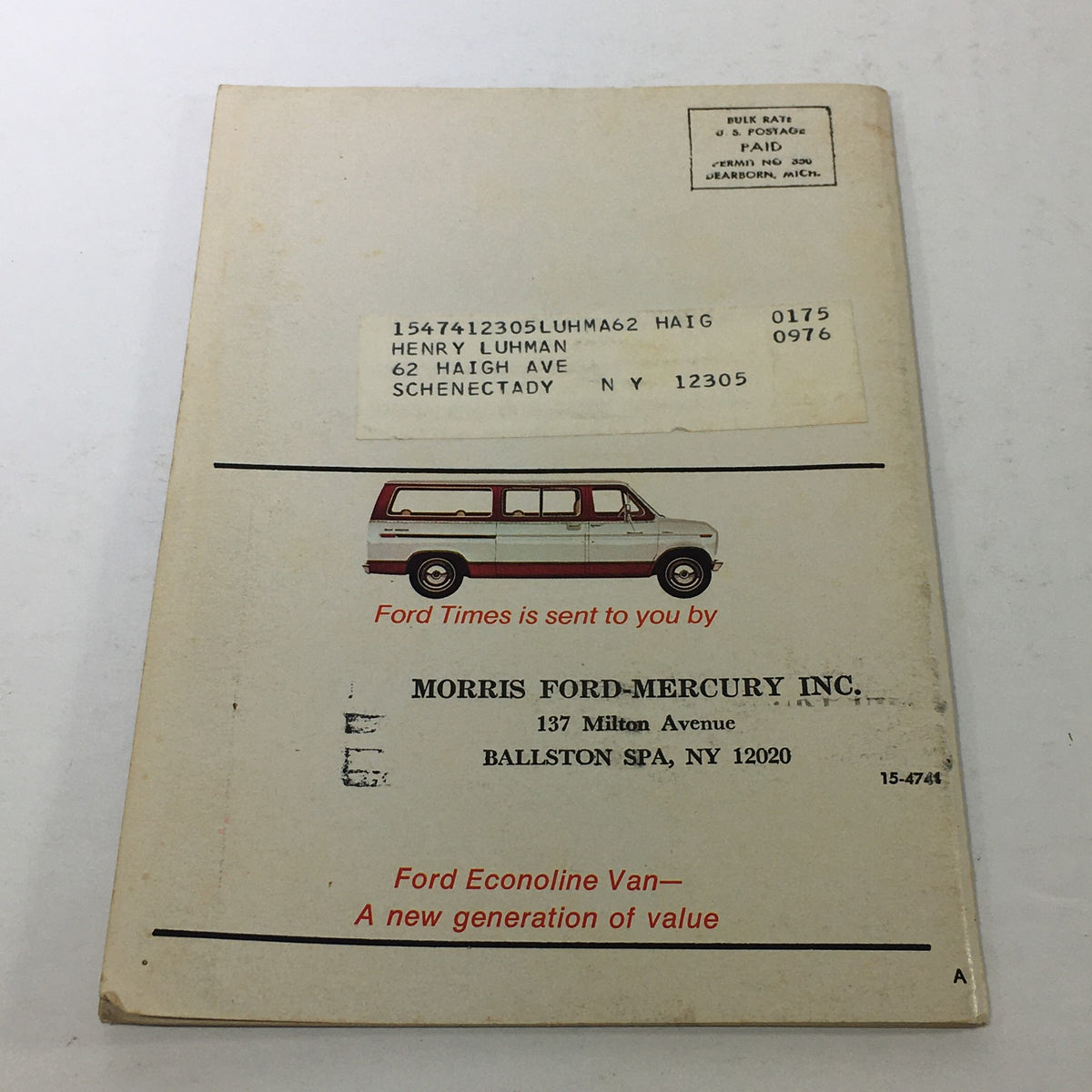 The back cover of the VTG Ford Times Magazine: September 1976 Vol. 69 No. 9, featuring an address label and a graphic of the Ford Econoline van, promoting its value as a new generation vehicle. Ideal for collectors and vintage enthusiasts.