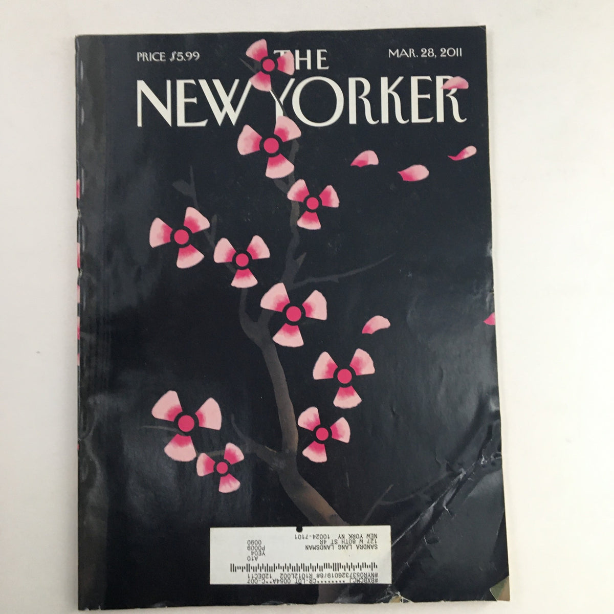The New Yorker March 28 2011 full magazine theme cover by Christoph Niemann, featuring a visually striking design with pink flowers against a dark background.