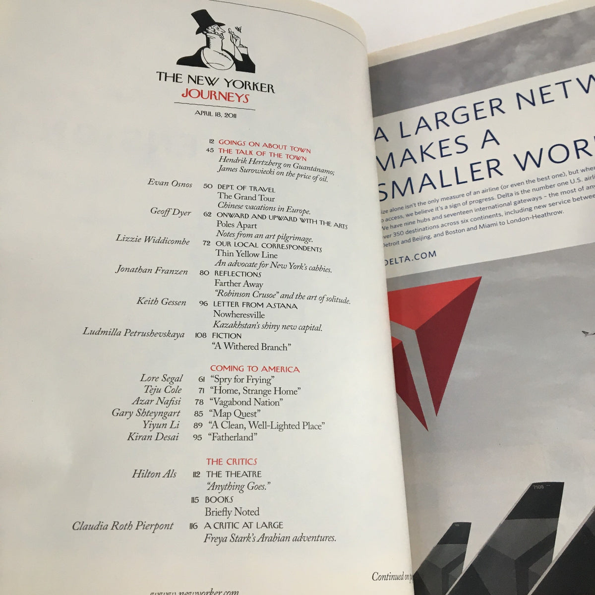 Inside page of The New Yorker April 18 2011 magazine showcasing the table of contents and features such as 'The Politics of Empire' and 'A Withered Branch'.