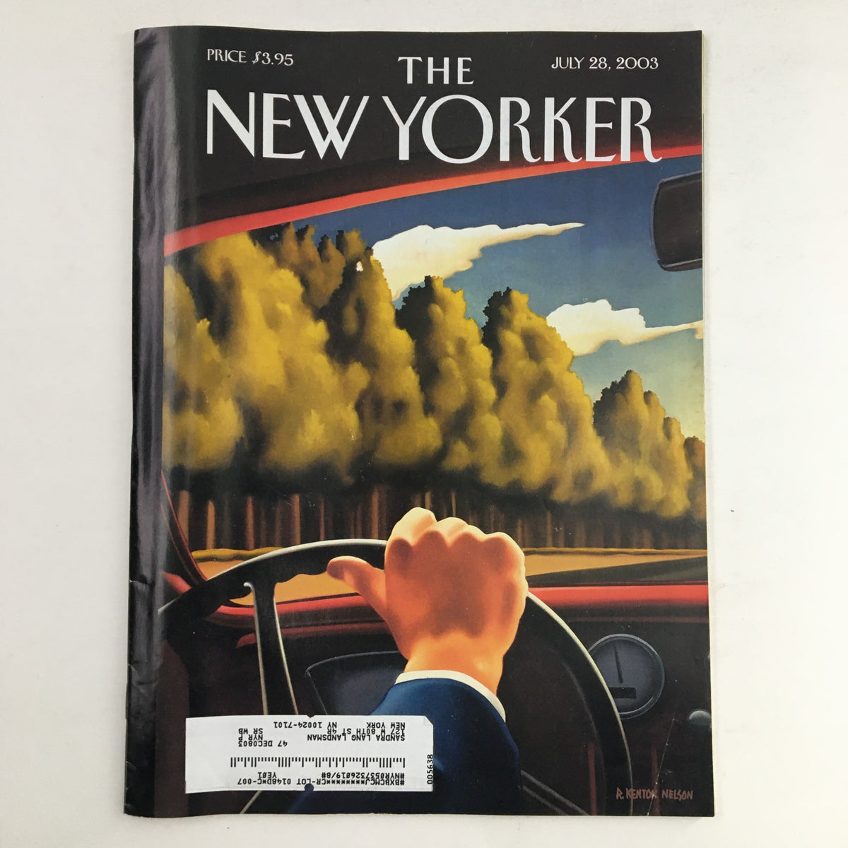 The New Yorker July 28 2003 Full Magazine Cover featuring vibrant artwork by R. Kenton Nelson, depicting a hand on a steering wheel with a scenic view of trees in the background.