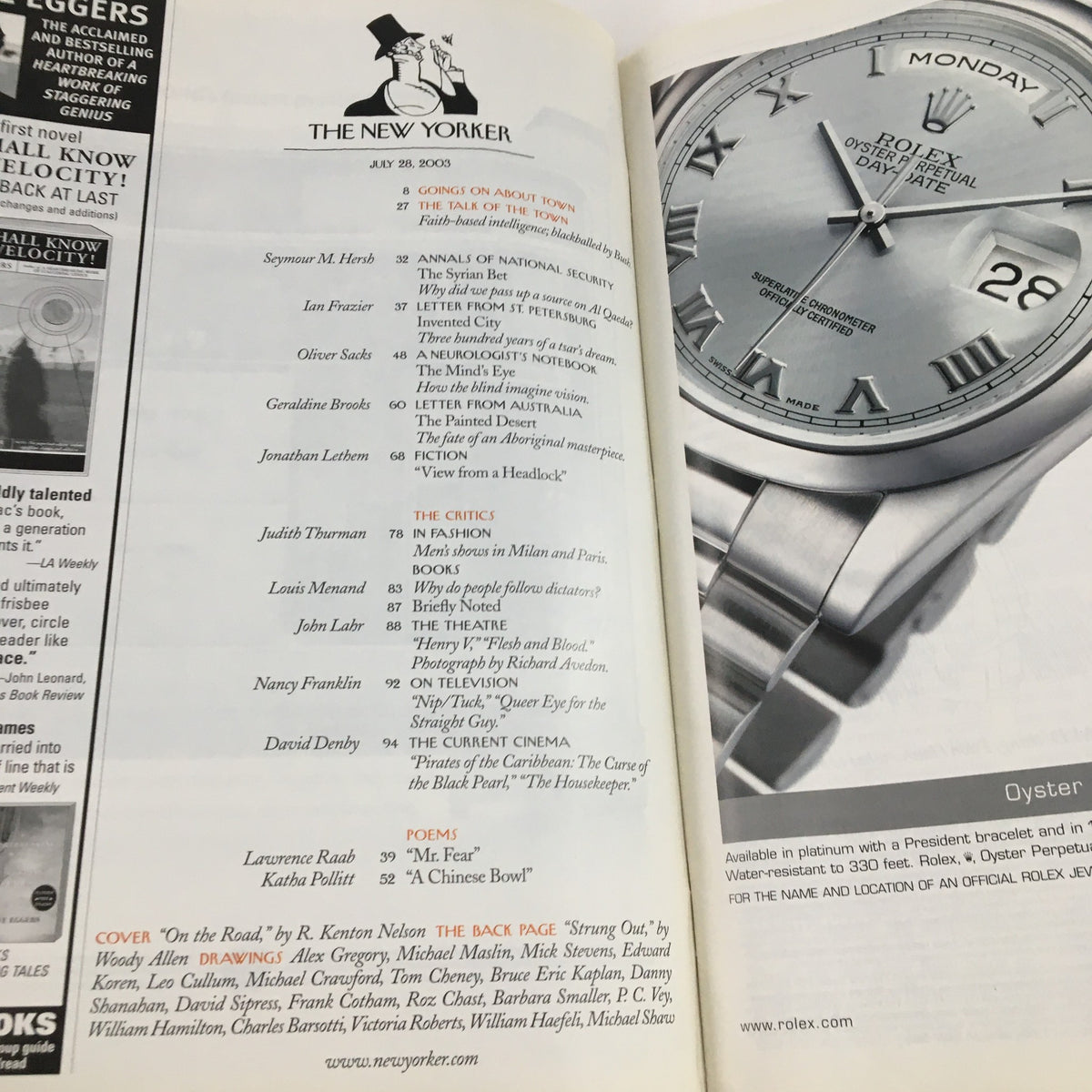 The New Yorker July 28 2003 Full Magazine featuring a Rolex watch advertisement on the inside page, showcasing luxury and sophisticated lifestyle.