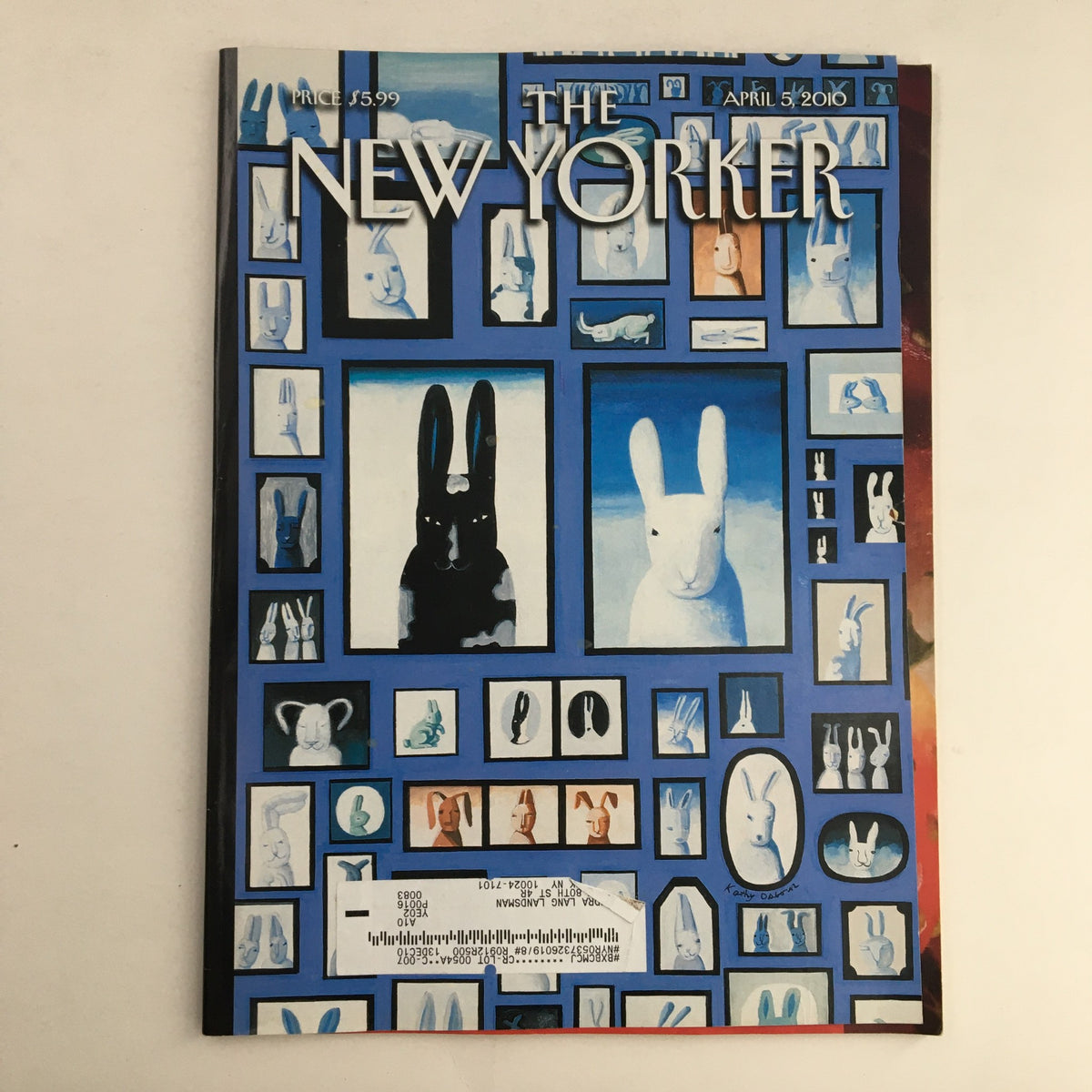 The New Yorker April 5 2010 Full Magazine Cover by Kathy Osborn featuring artistic illustrations of white and black rabbits in ornate picture frames.