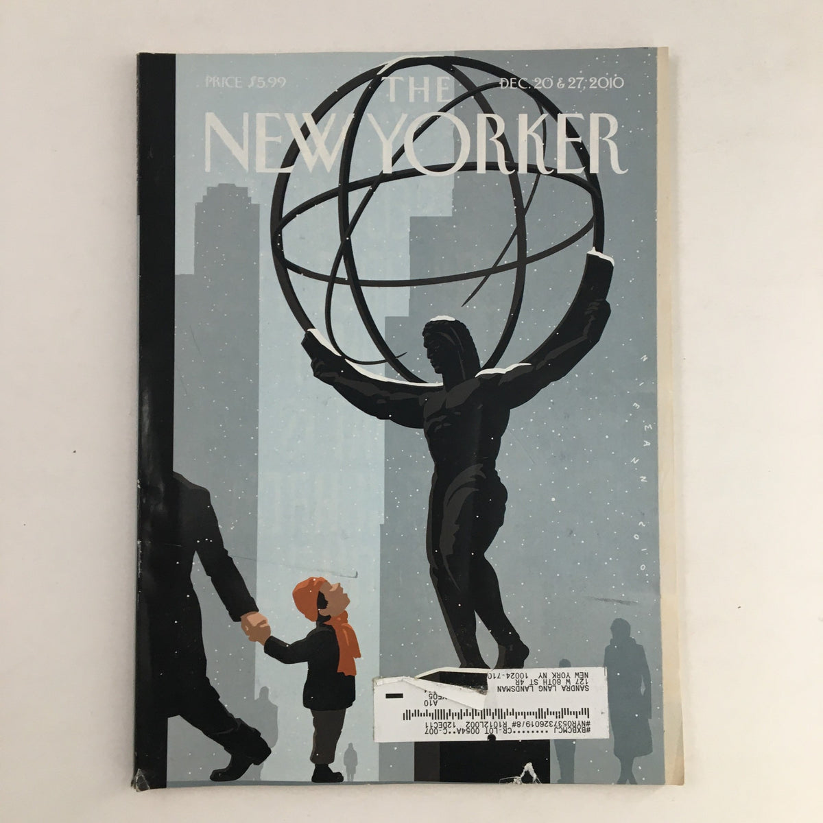 The New Yorker December 20 2010 Full Magazine Cover designed by Christoph Niemann featuring a statue and snowy city background.