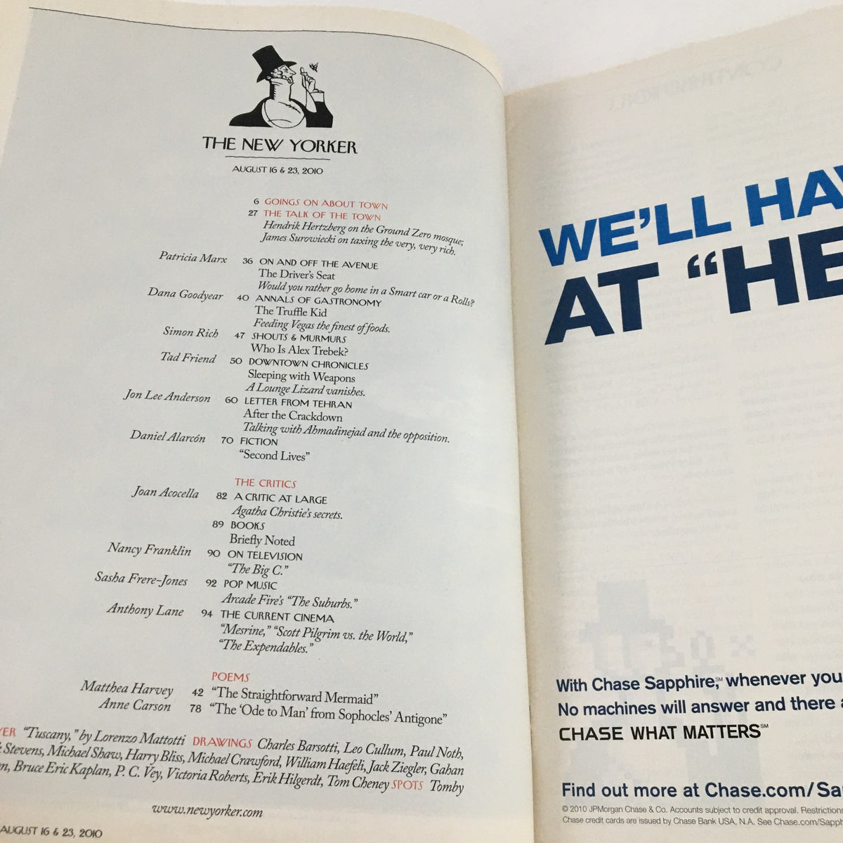 Inside pages of The New Yorker August 9 2010 showing the table of contents with article titles and contributions from various writers, highlighting the magazine's rich journalism and literary features.