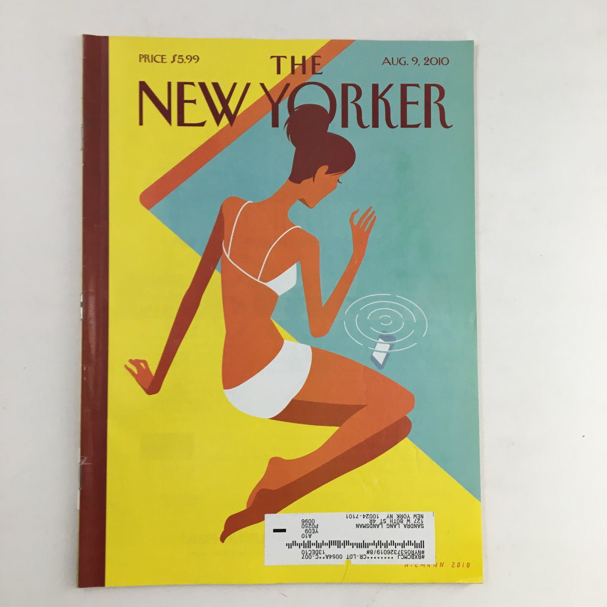 The New Yorker August 9 2010 Full Magazine Theme Cover by Christoph Niemann featuring a vibrant illustration of a woman in a swimsuit, embodying contemporary design and artistic expression.
