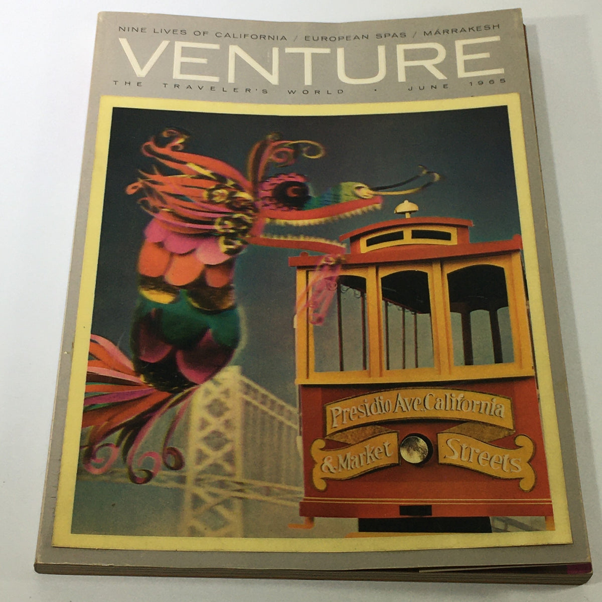 Cover of VTG Venture Magazine Book from June 1965 showcasing vibrant artwork featuring a colorful fish and a cable car, symbolizing travel in California and Europe.
