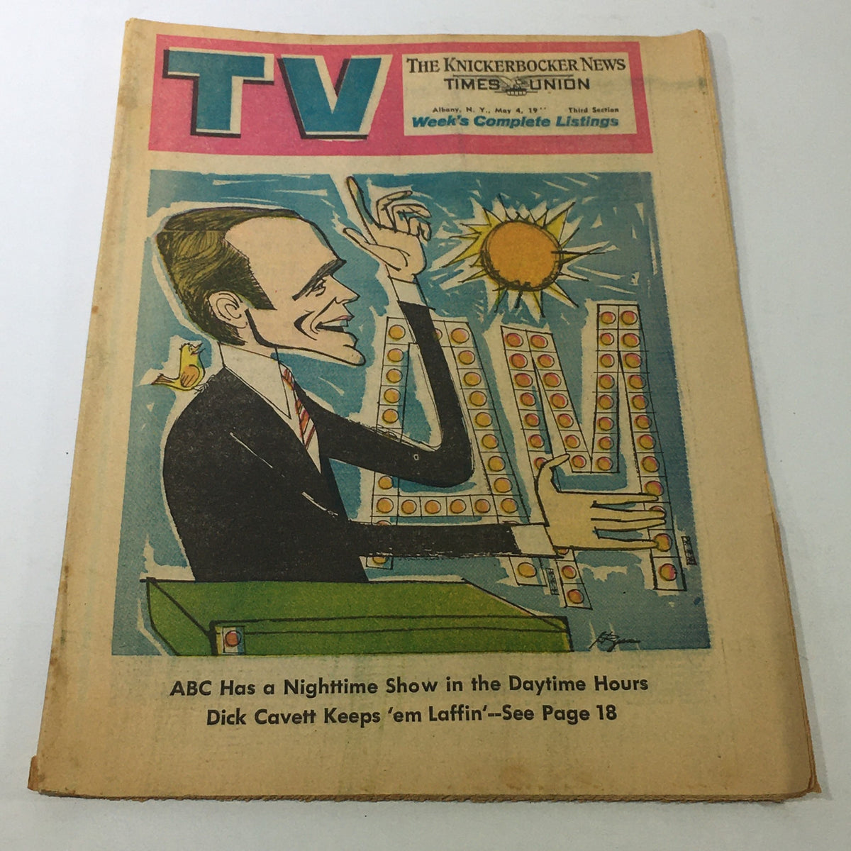 Vintage TV magazine cover of The Knickerbocker News, dated May 4, 1968, featuring Dick Cavett with a humorous illustration. The cover highlights the theme 'ABC Has a Nighttime Show in the Daytime Hours' and promotes 'Dick Cavett Keeps Em Laffin' on page 18.