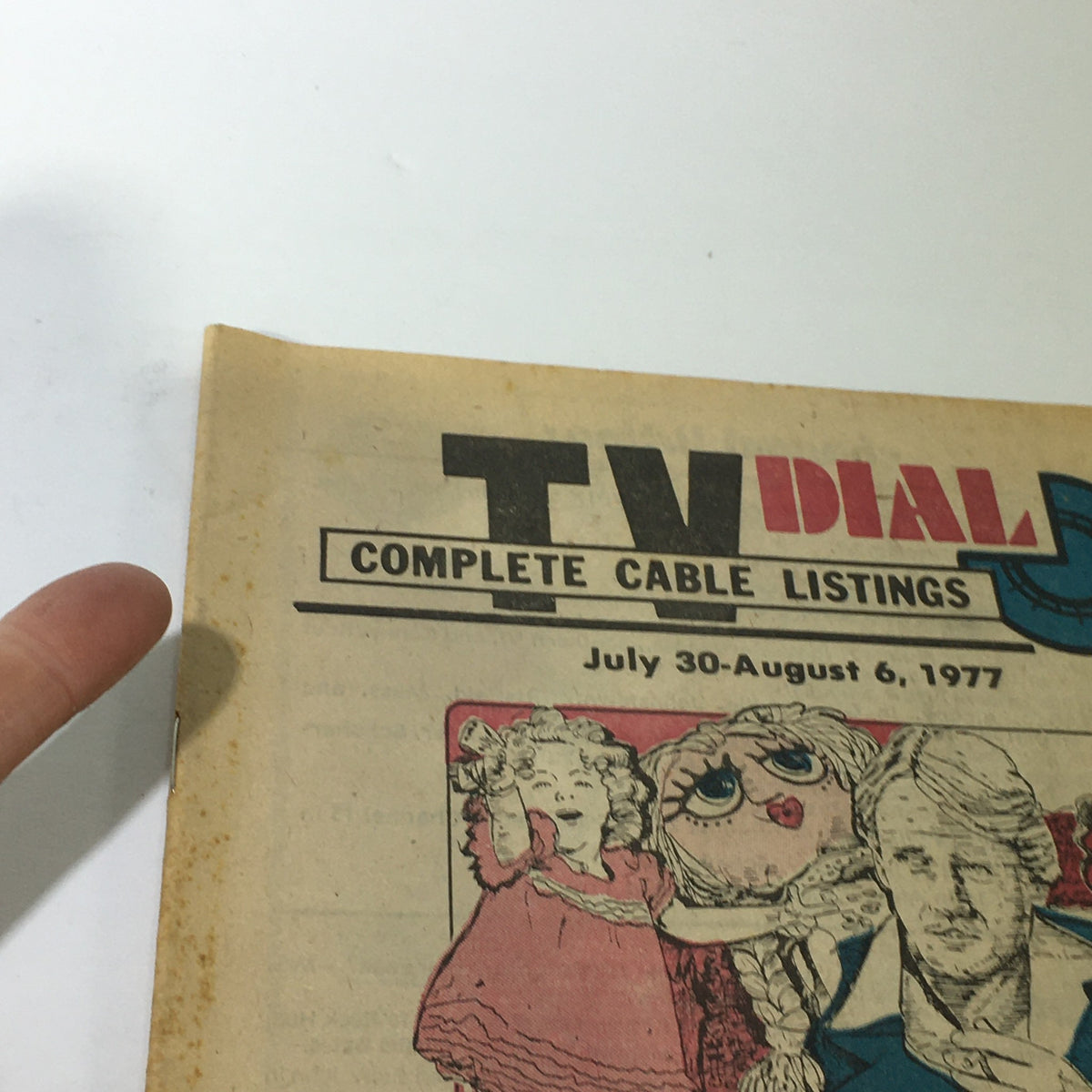 Cover of the VTG TV Dial from The Knickerbocker News featuring complete cable listings for July 30 to August 6, 1977, showcasing vintage TV graphics and nostalgic design.
